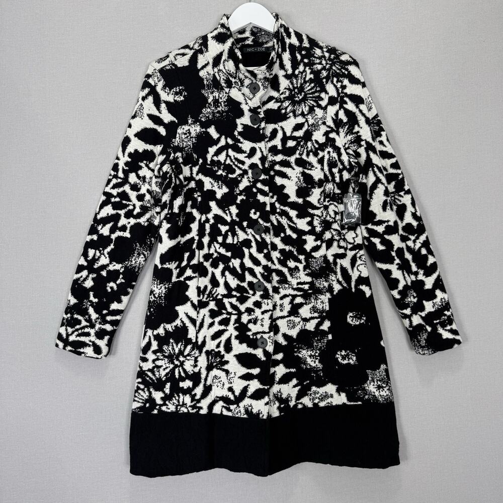 NIC+ZOE Abstract Floral Knit Jacket‎ Coat Womens Large White Topper Lagenlook